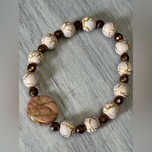 Handmade White with Gold Veining Beaded Stretch Bracelet